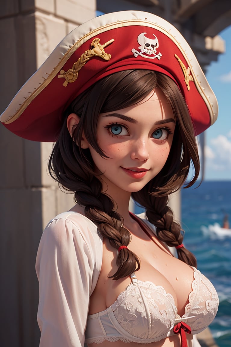 white race bra,  her sword raised in defiance, analog style, photo of a girl, (1girl, pirate girl), catears, smile face, ( brown hair braid), ((pretty  face: 1.7, perfect face:1.5)), huge breasts, pale skin, shinny skin, white race lingeries, pirate hat, hand-sword, pirate ship, sea, 8k, 3d, (best quality:1.5, hyperrealistic:1.5, photorealistic:1.4, madly detailed CG unity 8k wallpaper:1.5, masterpiece:1.3, madly detailed photo:1.2), (hyper-realistic lifelike texture:1.4, realistic eyes:1.2), (octane render, unreal engine 5) , wet_clothes, body, race stocking,renaissance, hand raised swords, knives, race ro,see description or pictures, fully_dressed