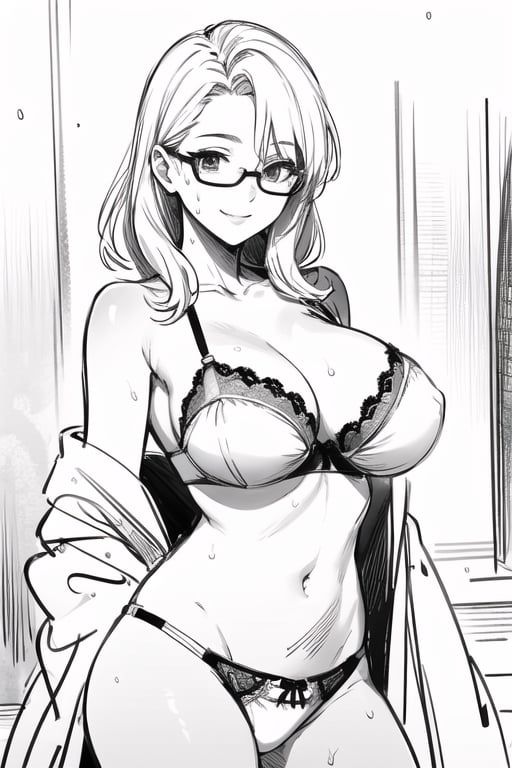 black bra and panties, 1girl, masterpiece, extremely detailed face, lineart, sketch art, standing still, front view ,line anime, smiling, big_boobies, wet, wet clothes, glasses