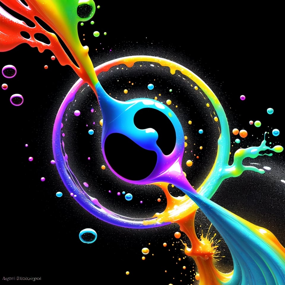 Liquid Exploding colors, vibrant, on a black surface, bubbles
