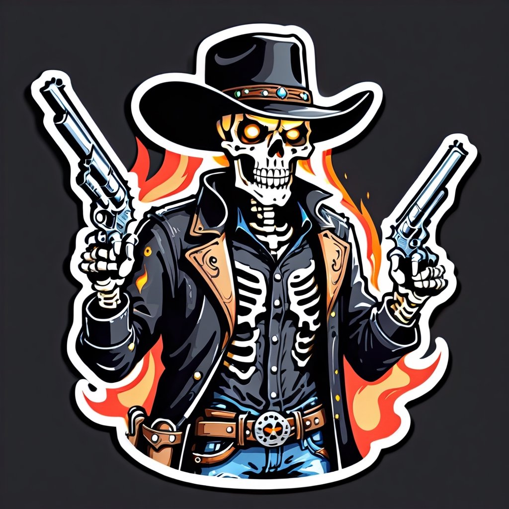 Gunslinger skeleton in a cowboy hat and leather duster, dual revolvers, bandoilers, glowing eyes of fire, icon, logo, sticker,sticker