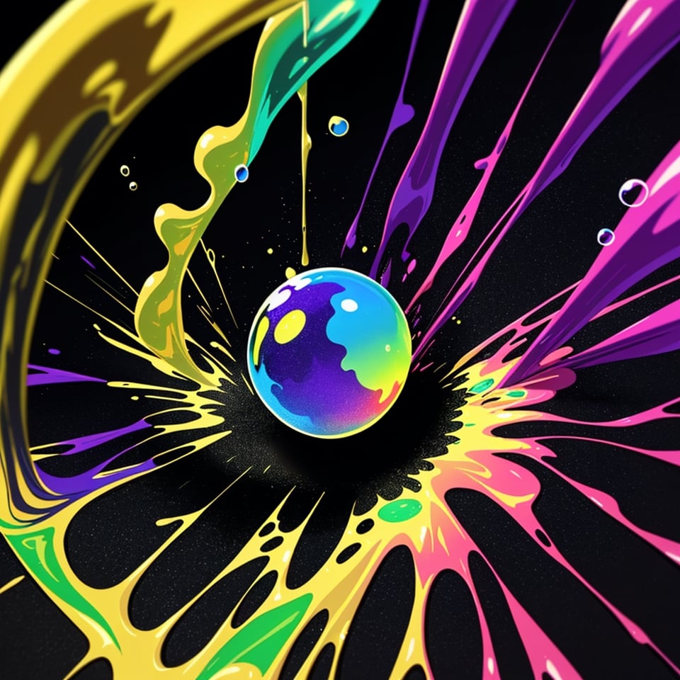 Exploding colors, liquid, bubbles, vibrant, on a black surface 
