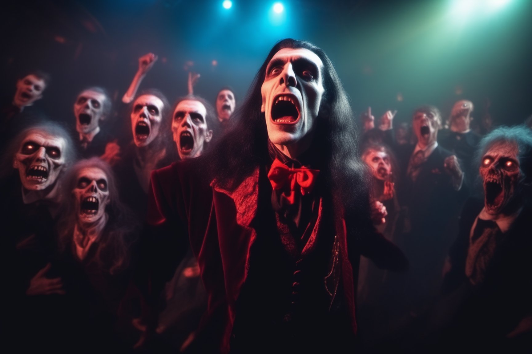 Close up fisheye lense, dracula singing loudly, with a band of zombies, on stage, high definition, 8k, hazy, disco lights, photo realistic 