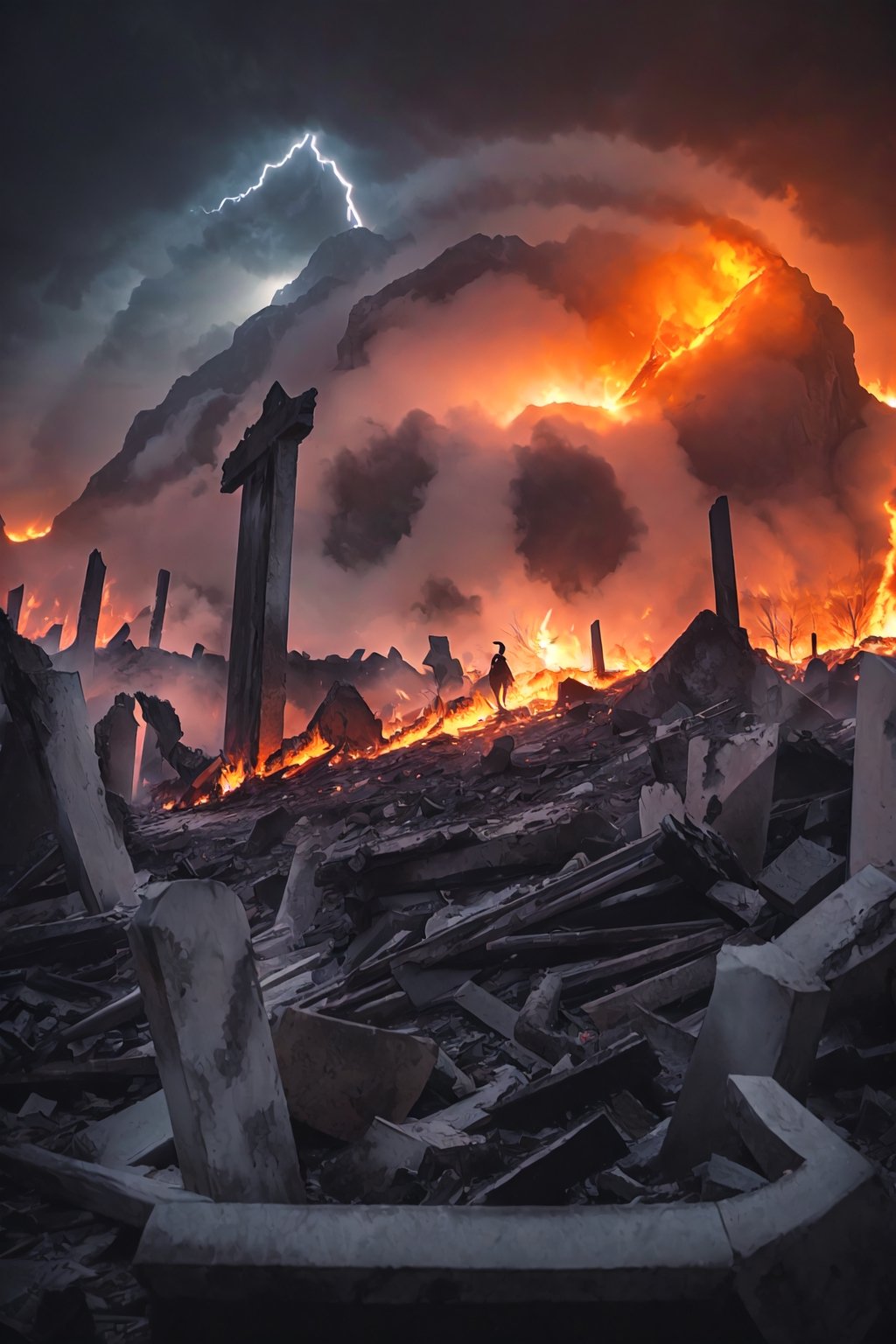 A Grimm reaper, graveyard, apocalypse, destroyed ruins, foggy, extremely detailed, film grain, dramatic lighting,  lightning, fire, chaos, rainbows, sunset, electric 