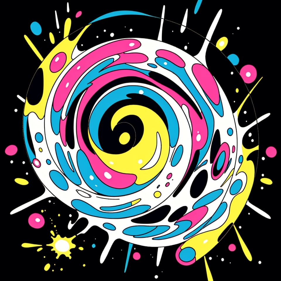 Exploding colors, liquid, bubbles, vibrant, on a black surface ,cartoon
