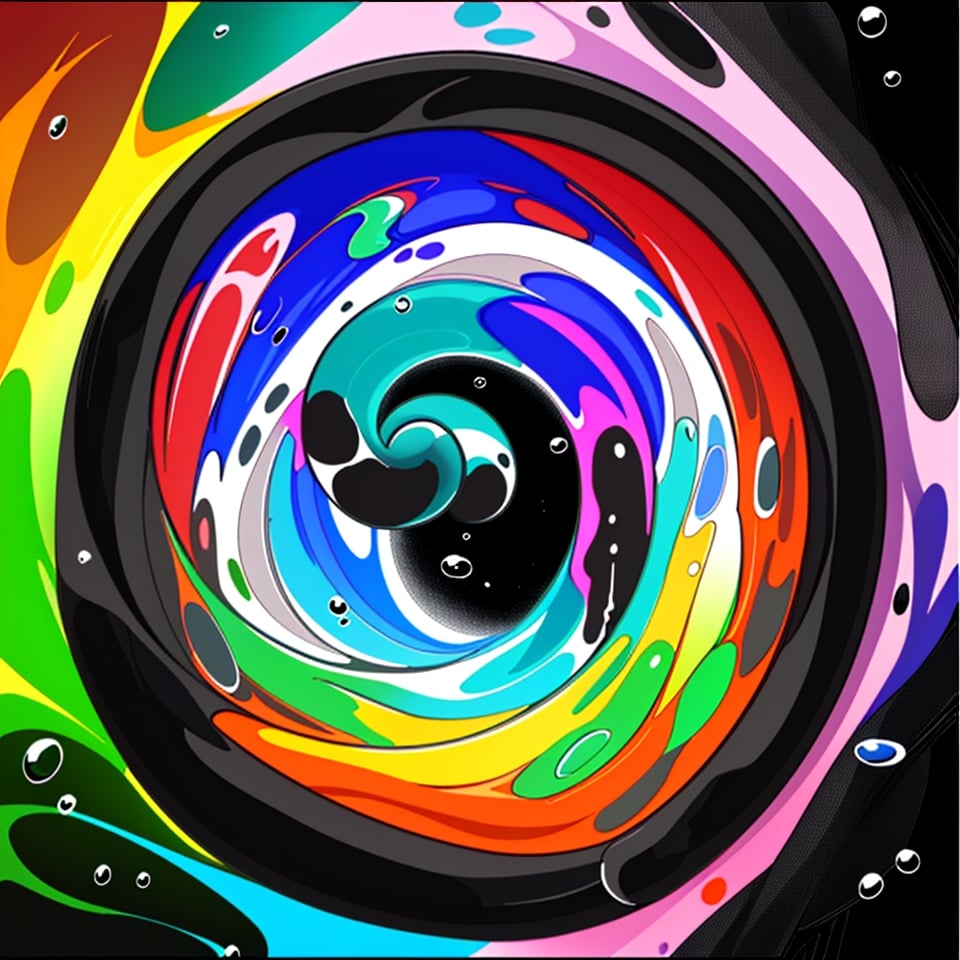 Exploding colors, liquid, bubbles, vibrant, on a black surface ,cartoon,Realism