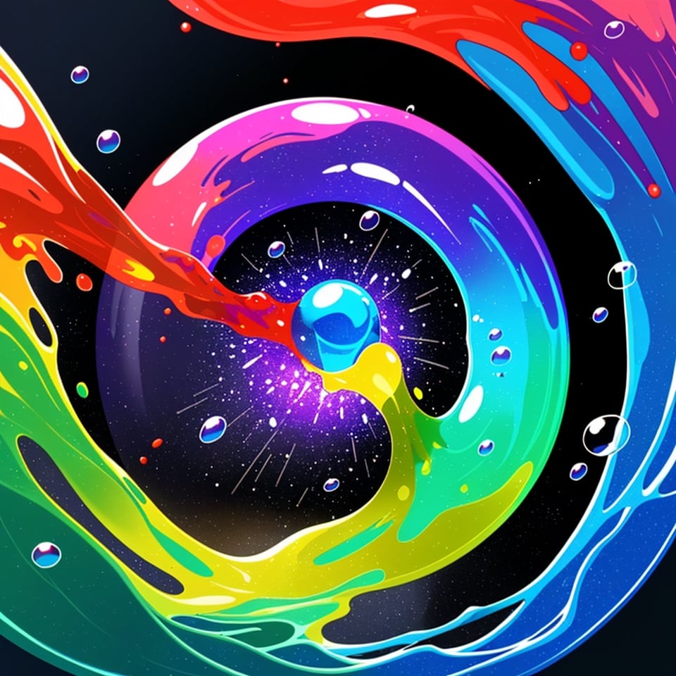 Exploding colors, liquid, bubbles, vibrant, on a black surface 