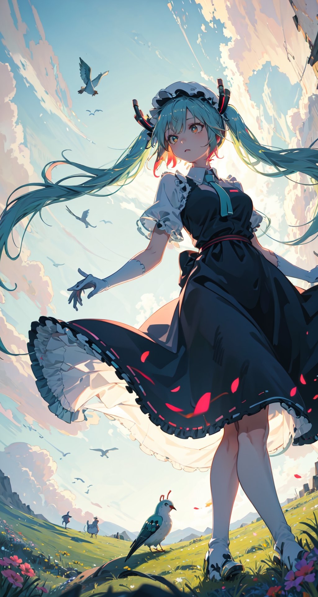 (panorama, long shot), best quality, masterpiece, extremely detailed, detailed background, (from below: 1.2), 1 girl, alone, blue hair, (hatsune miku), looking at viewer, red shirts, long hair, hair wavy, sideways, fluffy hair, French, (white hat), capelet, lace trim, bodice, blue sky, sun, long dress, sunny, landscape, meadow, high place, horizon, flowers, birds, wind, wind (depth of field), bokeh, (two tails)