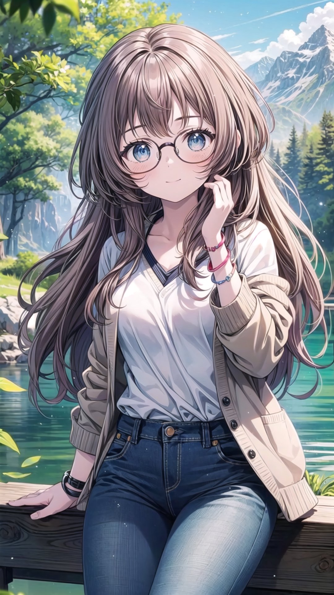 (masterpiece), best quality, portrait, headshot, ((1 girl, solo)), (nice hands, perfect hands), cuteloli, long hair, dull brown hair, short bang, tousled hair, blue gray eyes, slight smile, oversized cardigan, medical bracelet, jeans, lake, mountains, forest, sunny, summer, daytime, bright, watercolor, glasses