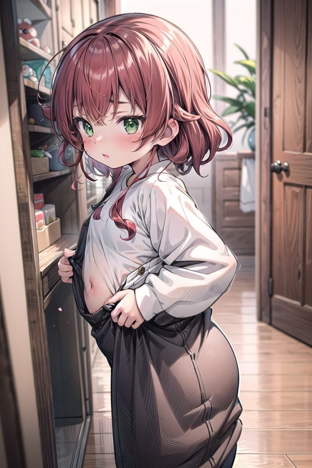 masterpiece, best quality, extremely detailed, HD, 8k, intricate, nice hands,AGE REGRESSION, 1 girl, shrinking, oversized_clothes, cuteloli, CHILD, OVERSIZED CLOTHES,cartoon, Megu-KJ, nude, small breasts, kid, green eyes, red hair