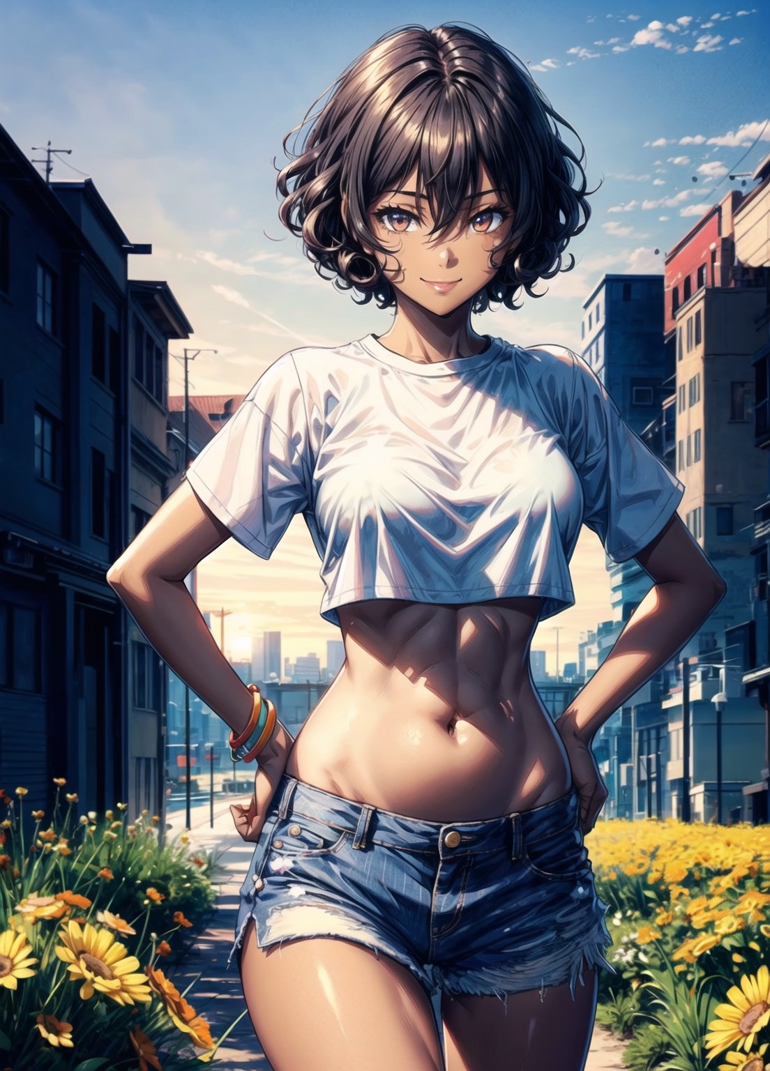 Hair between eyes, short hair, curly hair, hair down, black hair, orange_eyes, medium breasts, (dark_skinned_female:1.3), breasts, cowboy_shot, action_pose, 1girl, female_solo, hand on hips, vibrant colors, outdoors, wide fields, sunrise, day, white belly shirt, pudgy belly, navel, pudgy belly button, smiling shape belly button, walking, happy, view front, crop top shirt, denim shorts, front_tied_top_shirt