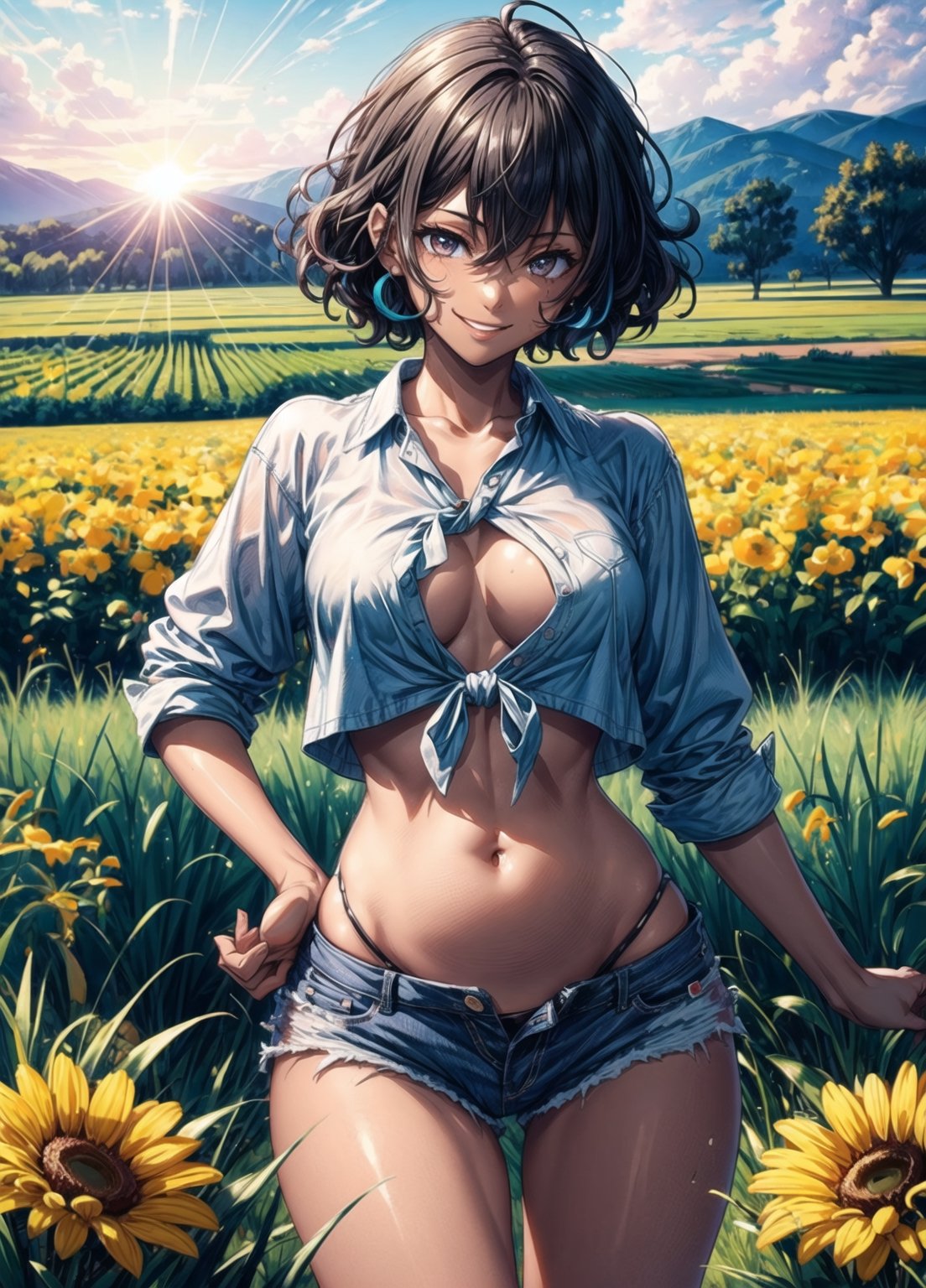 Hair between eyes, short hair, curly hair, hair down, black hair, orange_eyes, medium breasts, (dark_skinned_female:1.3), breasts, cowboy_shot, action_pose, 1girl, female_solo, hand on hips, vibrant colors, outdoors, wide fields, sunrise, day, white belly shirt, pudgy belly, navel, pudgy belly button, smiling shape belly button, walking, happy, view front, crop top shirt, denim shorts, front_tied_top_shirt