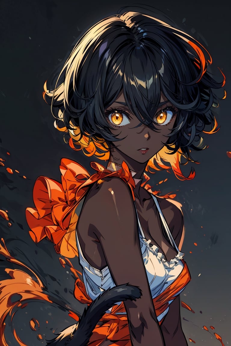 Hair_between_eyes, short_hair, curly_hair, hair_down, black_hair, orange_eyes, sharp_eyes, cat_eyes, medium_breasts, (dark skin:1.2),
