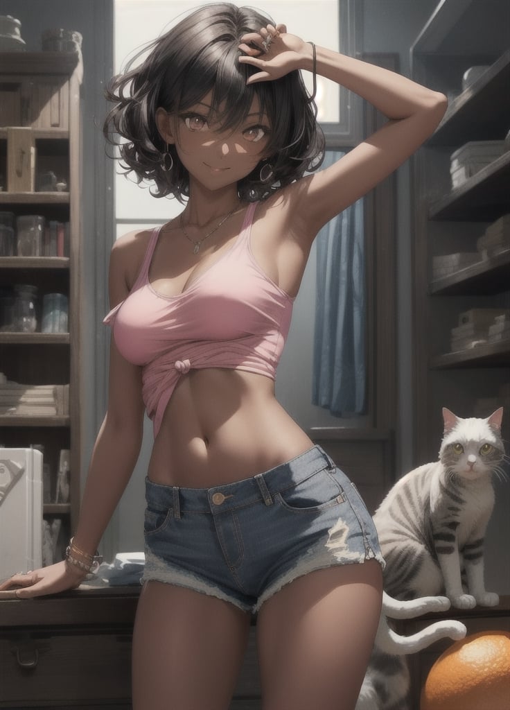 Hair_between_eyes, short_hair, curly_hair, hair_down, black_hair, orange_eyes, sharp_eyes, cat_eyes, medium_breasts, (dark skin:1.2), breasts, full_body, action_pose, indoors, 1girl, female_solo, Smile, rings on her right pinkie, wearing pink off shoulder tops, denim ultra micro shorts, underboob, standing, spreading legs, sleeveless, showing_armpits