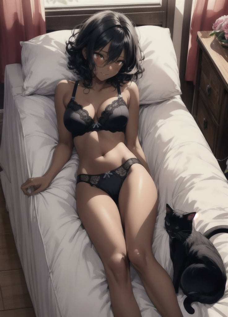 Hair_between_eyes, short_hair, curly_hair, hair_down, black_hair, orange_eyes, sharp_eyes, cat_eyes, medium_breasts, (dark skin:1.2), breasts, 1girl, solo, vibrant colors, girl, masterpiece, sharp focus, best quality, depth of field, cinematic lighting, smiling, blushing, full body, sleeping, indoors, sleeping at sofa, laying down, on back, underwear, sexy underwear 