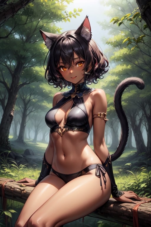 Hair_between_eyes, short_hair, curly_hair, hair_down, black_hair, orange_eyes, sharp_eyes, cat_eyes, medium_breasts, (dark skin:1.2),


Cat girl, ears, tail, tanned skin, sitting on a tree branch, in the forest, smile: 0.8, brown: 1.2, pale light, (masterpiece, top quality, super detailed, high resolution, highly detailed)