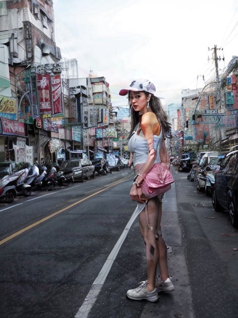 4 Girl with long hair, (wearing safety visor), big breasts, wearing  white low cut camisole  without  bra inside ((showing cleveage)), ((necklace)),((large earrings)), ((safety visor),((holding small handbag)), miniskirt ((showing  underwear )), 4 girls standing at corner of ruined building , pink light tubes on building, smoking,perfect breasts,beautiful breasts, (((4 girls))), (crowd watching girls), show full body, all girls facing camera ,Ruined building,Ruinedarchi,taiwan road