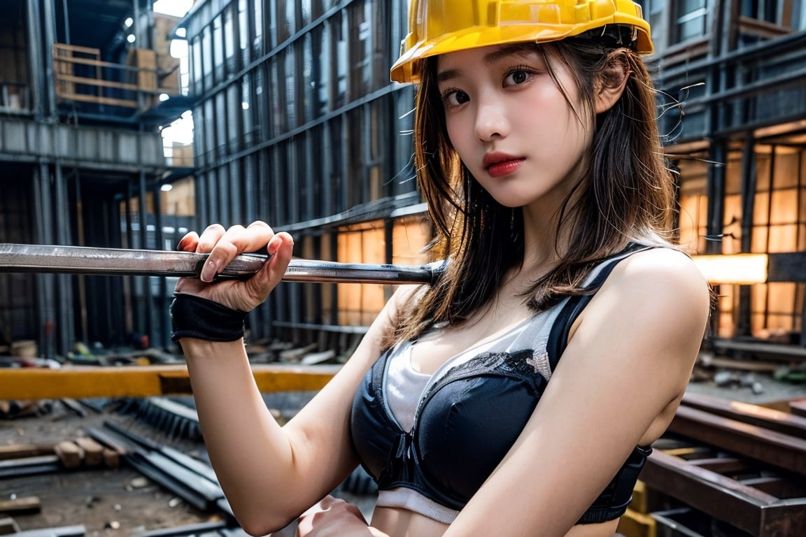 ((Young taiwanese Female wearing bra and holding  a steel bar in construction site)), ((safety helmet and vest )),(((right hand holding a bended steel bar))),Exquisite details and textures, cinematic shot, Warm tone, wide shot , 