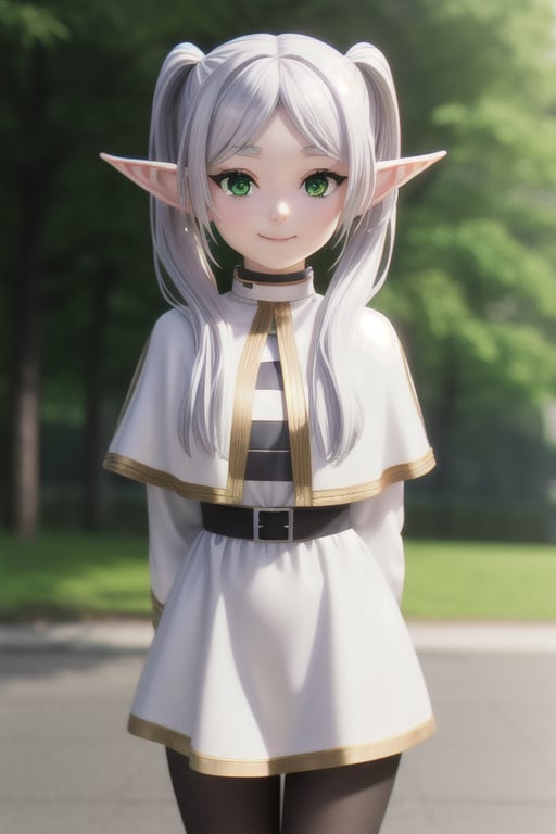 solo,frieren, long hair, twintails, (green eyes:1.3), grey hair, pointy ears, elf,BREAK shirt, long sleeves, smile, arms behind back , black pantyhose, capelet, striped shirt,perfect extremely detailed CG, (perfect hands),looking_at_viewer,sleeves_past_wrist,hands on own chest, 