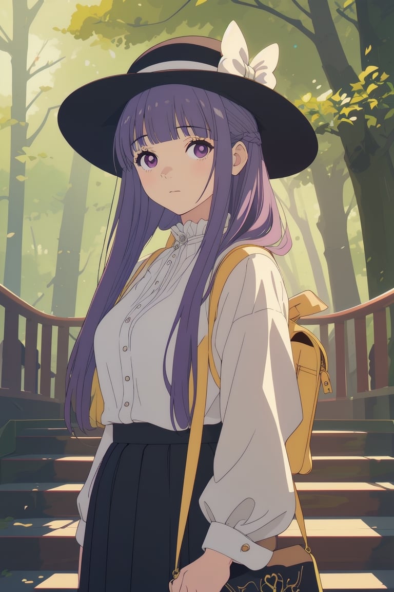 masterpiece,illustration,ray tracing,finely detailed,best detailed,Clear picture,intricate details,highlight,
anime,
gothic architecture,
looking at viewer,

nature,gothic architecture,bird,the lakeside in the heart of the forest,the staircase of the balcony,

NikkeRei,
1girl,loli,baby,long hair,hat,light purple hair,
yellow bow,yellow bag,skirt,upper body,
NikkePenguin,Penguin,