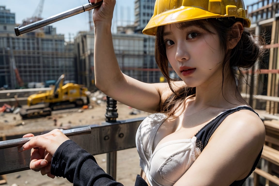 ((Young taiwanese Female wearing bra and holding  a steel bar in construction site)), ((safety helmet and vest )),(((right hand holding a bended steel bar))),Exquisite details and textures, cinematic shot, Warm tone, wide shot , 