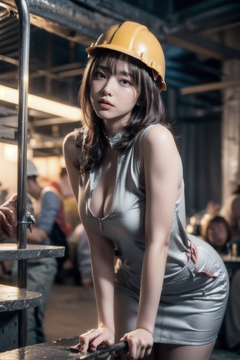 ((Young taiwanese Female wearing safety vest without clothes and biting a thick curved steel bar in construction site)), ((safety helmet and vest )),(((biting a thick curved bended steel bar, and the bar is broken ))),Exquisite details and textures, cinematic shot, Warm tone, wide shot , ,laoliang ,Realistic