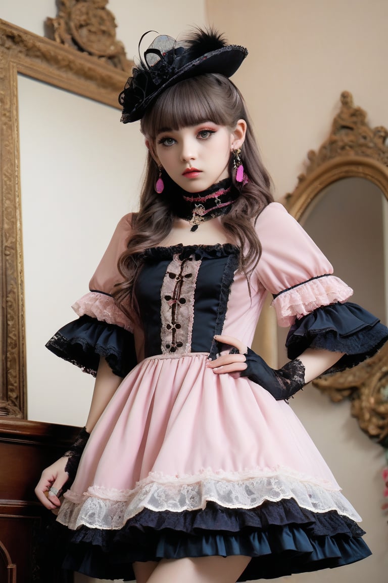 1girl,A girl in baroque Harajuku Lolita fashion, with an emo theme, her dress is richly decorated with colorful lace, pink ruffles,(Periorbital Puffiness), and embroidery.,Velvet ribbons, ornate buttons, and brooches decorate the bodice, and the voluminous skirt. features layers of tulle and lace, accessories include lace gloves, a cameo choker, and a mini top hat with feathers.,Ground Mine Girl,enakorin