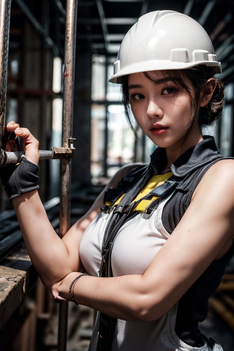 ((Young taiwanese Female wearing safety vest without clothes and biting a thick curved steel bar in construction site)), ((safety helmet and vest )),(((biting a thick curved bended steel bar, and the bar is broken ))),Exquisite details and textures, cinematic shot, Warm tone, wide shot , 