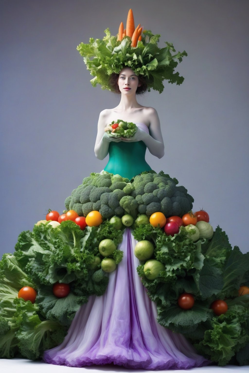 A princess made entirely of vegetables, her gown a vibrant array of lettuce, carrots, and tomatoes. Her hair, a cascade of curly kale, adorned with a crown of radishes and cucumbers. She stands tall and regal, her eyes bright with the colors of her vegetable kingdom. This vegetable princess radiates freshness and health, a whimsical and unique creation of nature's bounty.