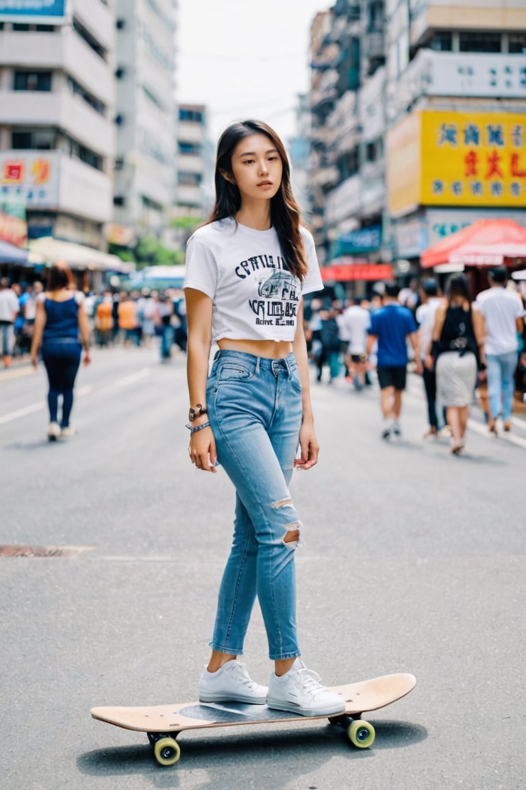 young Taiwanese girl casually dressed in a graphic tee and ripped jeans, skateboarding through a city street, (((laoliang )))