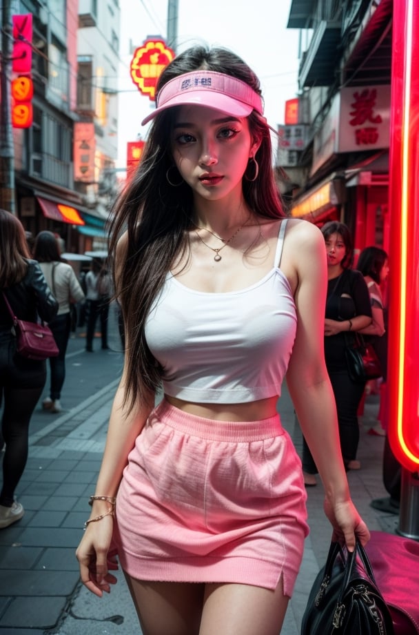 3 Girls with long hair, blue eyes, big breasts, wearing  white low cut camisole with holes and dirts ((showing cleveage)), ((necklace)),((large earrings)), ((safety visor),((holding pink handbag)), miniskirt ((showing  underwear )), standing at corner of old Taipei red light district , pink light tubes on building, smoking,perfect breasts,beautiful breasts, ((3 girls)), (crowd watching girls)