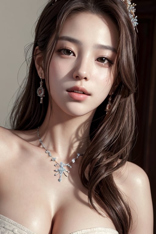 best quality,  (masterpiece::1.4),  (photorealistic::1.4),highly detailed,1 girl,in her 20s,detailed beautiful face,the whole body,
Half-smile  detailed beautiful eyes,medium-length light-brown hair,naked,no cloths,looks like a kpop star,cleavage,hair ornament,earrings,necklace,realistic detailed skin texture,detailed hair, ,at nileght,portrait,korean teen girl,from below,drink, chaeyoung,