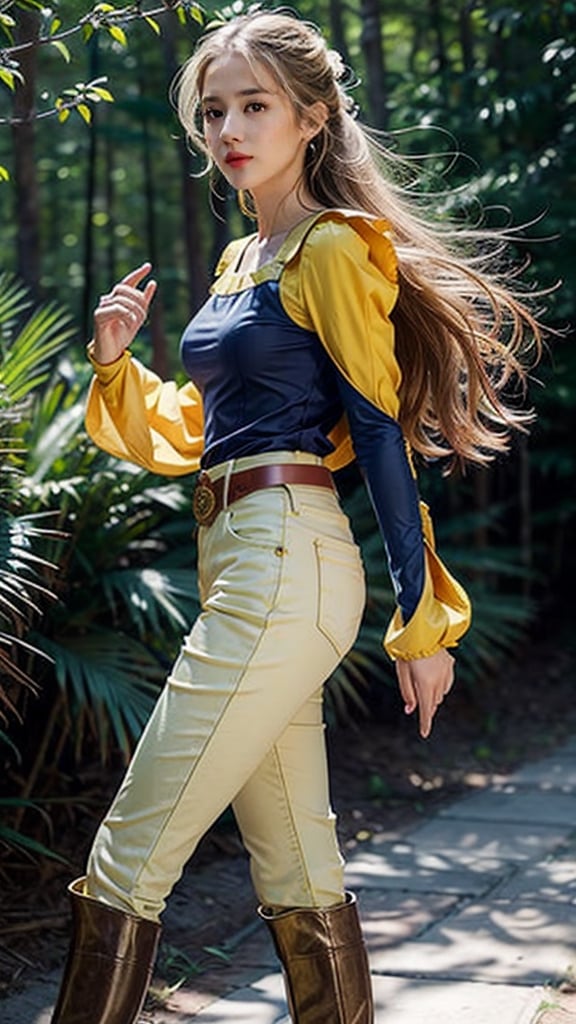 masterpiece, best quality, celes chere, yellow vest, detached sleeves, blue shirt, belt, yellow pants, white boots, from side, walking, looking at viewer, forest 
,celes chere