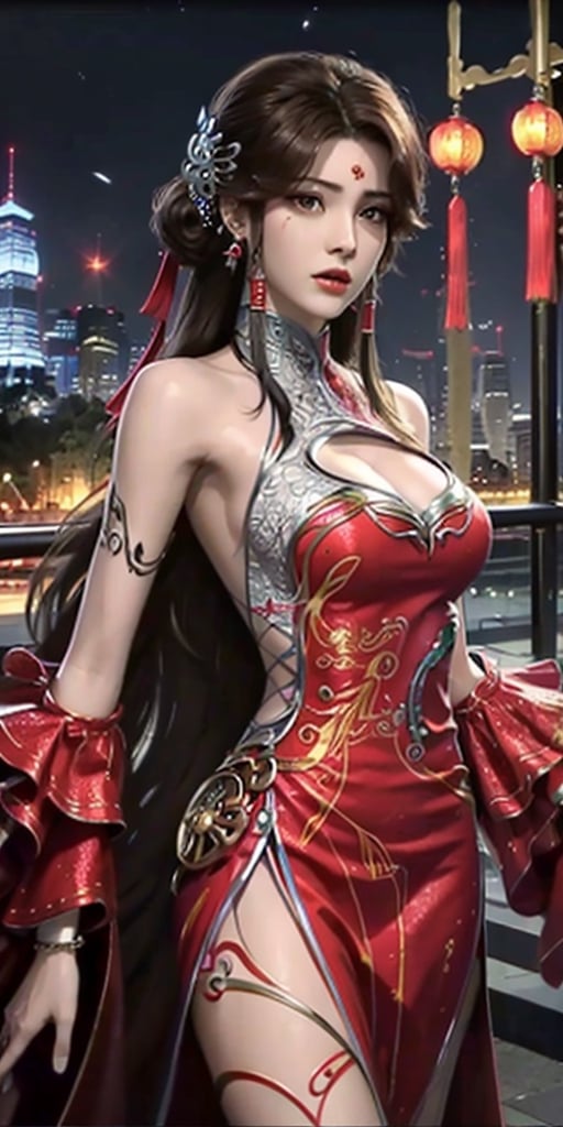 1girl,clothing cutout,dress,bare shoulders,chinese clothes, facial hair, forehead mark, hair ornament, long hair, jewelry, hair rings, cityscape, night, looking at viewer, mature female, brown hair, chinese clothes,see-through,trim, cowboy shot,  
