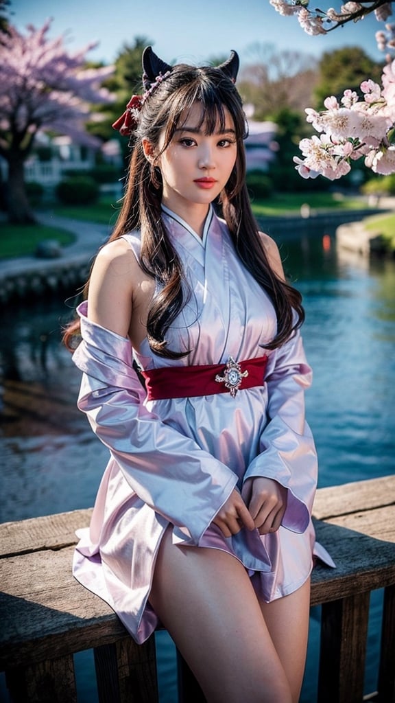 (best quality, 16K, ultra-detailed, masterpiece), (ultra-realistic, photorealistic), A mesmerizing scene featuring a lone girl with enchanting purple eyes, standing against a serene night background. The moon illuminates the surroundings, casting a soft glow on the cherry blossoms in full bloom. The girl is adorned in red fluffy clothes, creating a striking and dreamlike composition.,High detailed ,Realism,ganyudef, ganyurnd, 