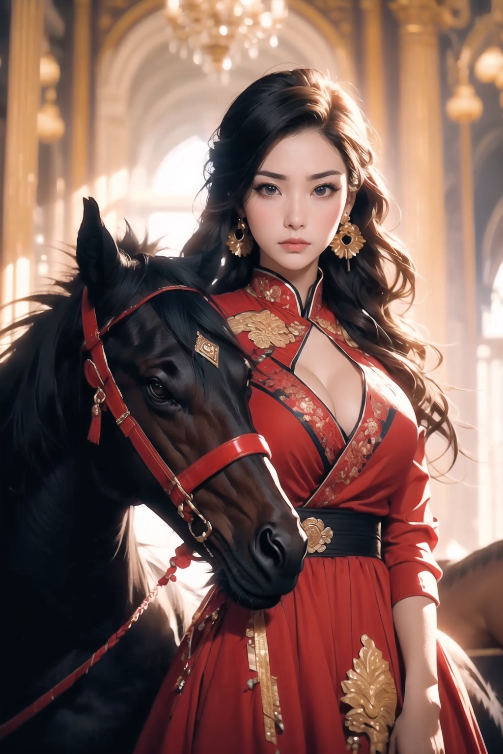 One girl(adult woman, black long hair, black eye, royalty, serious face, big_boob), one horse(reins, saddle),masterpiece, best quality,  high quality, dress(golden, red, black,east_asian_dress), earrings, background (gress ground, shining light from the up), ,ride on horse,hold(reins)