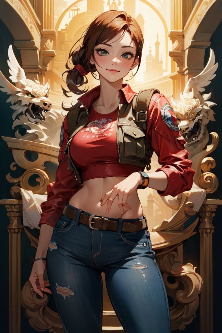 (masterpiece, best quality:1.4), [[smirk]], (beautiful, perfect, detailed, surreal, intricate, aesthetic:1.2), 
(Claire Redfield:1.3) full body portrait, cowboy_shot 