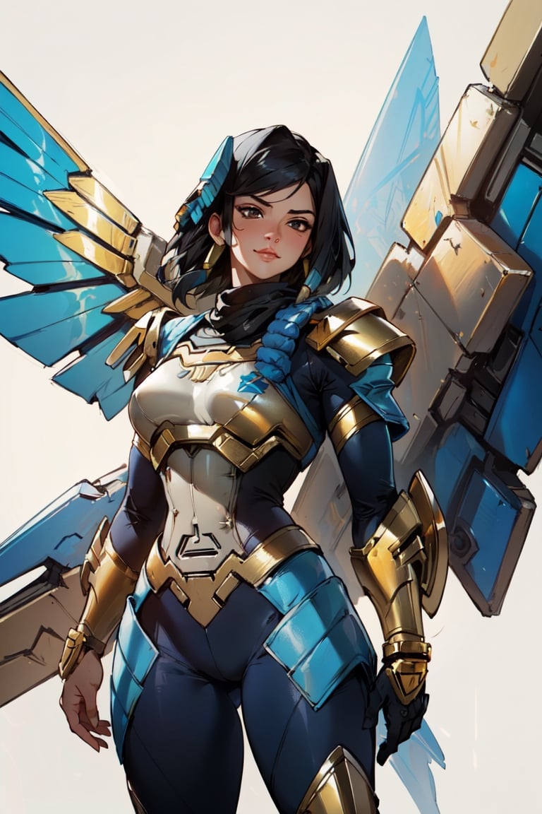 (masterpiece, best quality:1.4), [[smirk]], (beautiful, perfect, detailed, surreal, intricate, aesthetic:1.2), 
(Pharah:1.3) full body portrait, cowboy_shot 