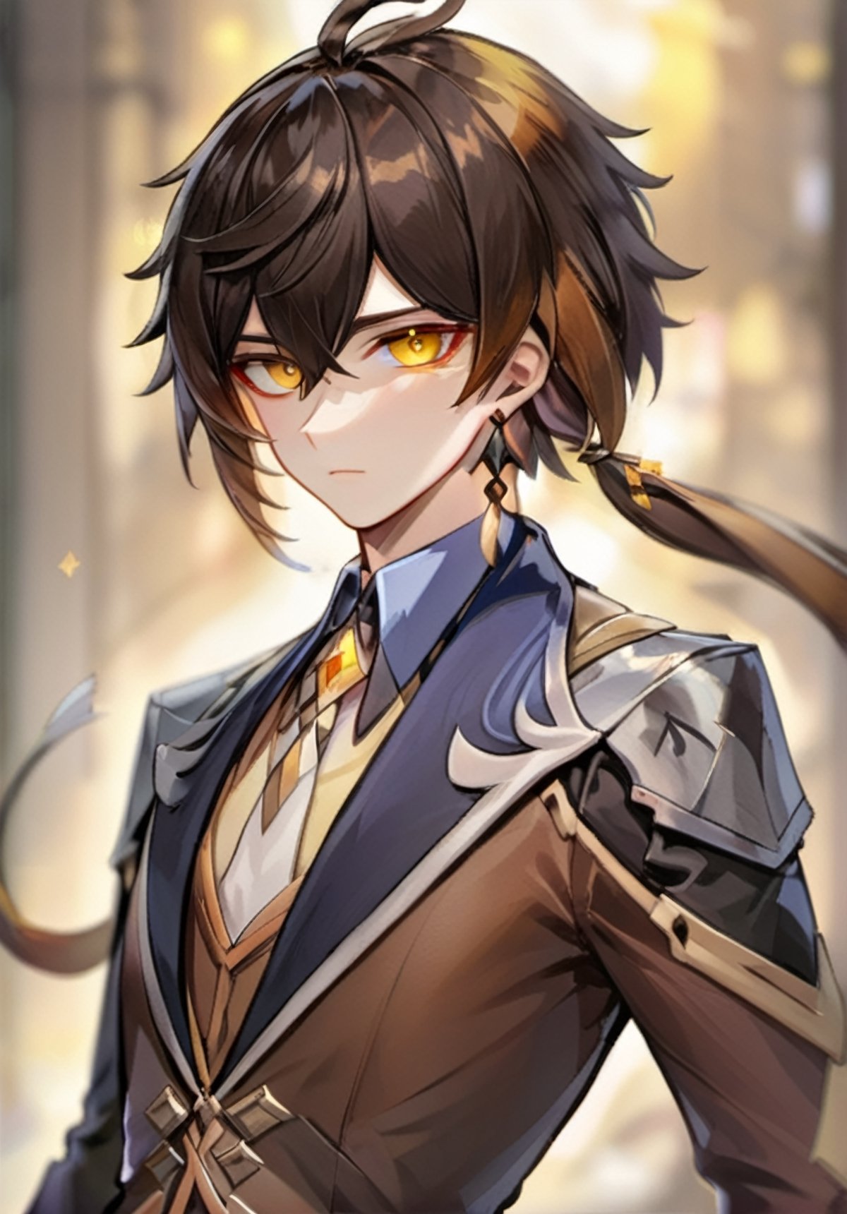 zhongli, male focus, solo, zhongli (genshin impact), 1boy, long hair, gloves, jewelry, brown hair, black gloves, earrings, bangs, single earring, long sleeves, necktie, hair between eyes, multicolored hair, tassel, collared shirt, ponytail, shirt, thumb ring, jacket, formal, tassel earrings, blurry background, looking at viewer, yellow eyes, closed mouth, pants, suit, blurry, gradient hair, polearm, makeup, black hair, eyeliner, white necktie, holding