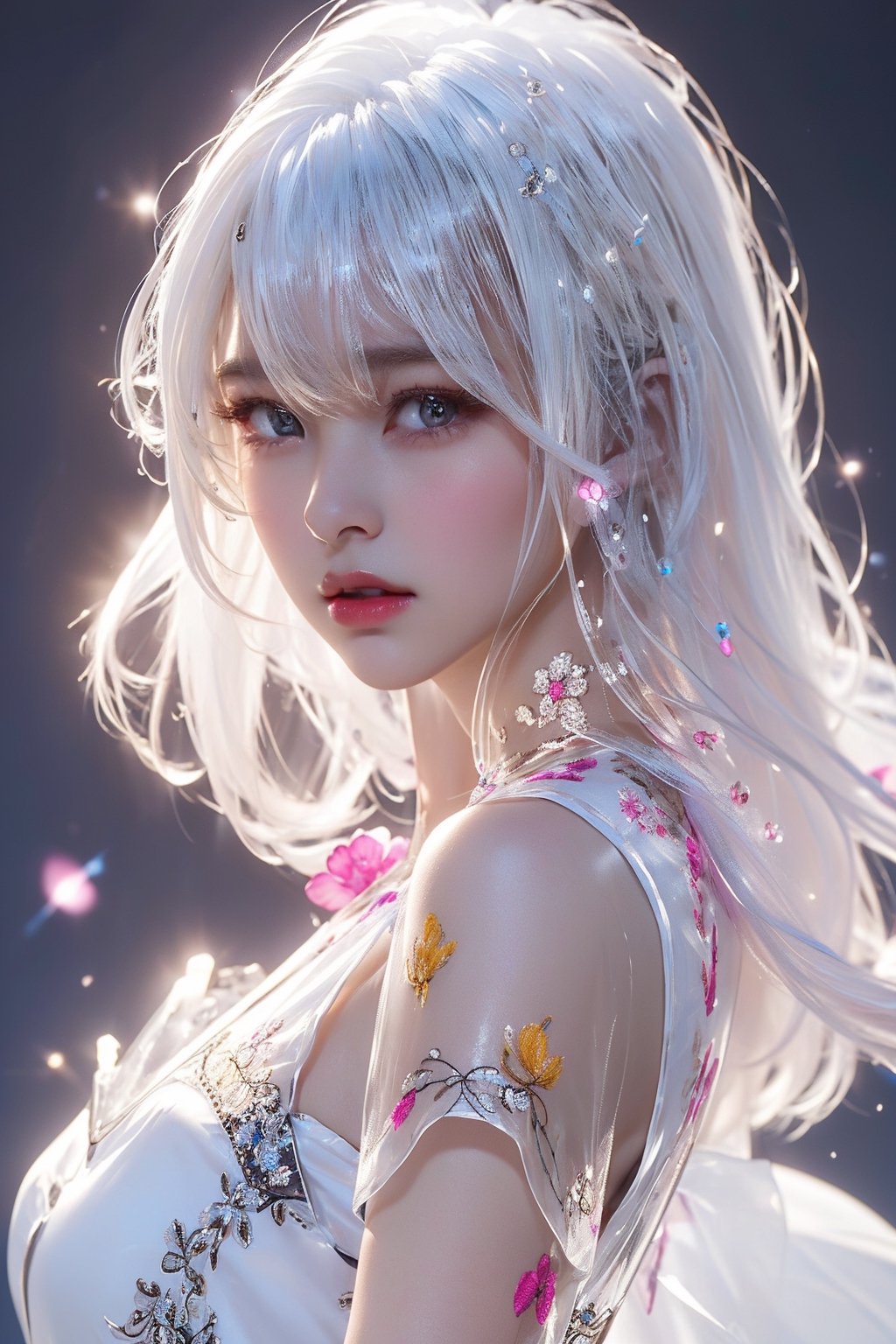 (WHITE PORTRAIT) (WHite hair girl in white dress:1.5) masterpiece , best quality , ultra detailed , "detailed background" , perfect shading , high contrast , best illumination , extremely detailed , ray tracing , realistic lighting effects , (beautiful detailed face , beautiful detailed symmetrical eyes:1.5) , one woman , full lips , light smile , longt-hair , long_white-silver_hair, (shiny__only_silver_ornates and anccessories) , (only_whiteTRANSPARENT silk dress with only silver embroidery:1.5) , best lighting , full_length_portrait , beautiful white_marble_wall background , depth_of_field,midjourney,glitter,shiny,mecha,chinatsumura