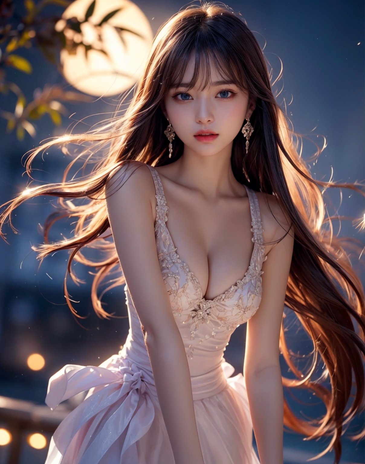 1 girl, very bright backlighting, solo, {beautiful and detailed eyes}, summer night, large breasts, dazzling moonlight, calm expression, natural and soft light, hair blown by the breeze, delicate facial features, Blunt bangs, beautiful korean girl, eye smile, very small earrings, k-pop idol dress, 20 yo, ((model pose)),  Glamor body type, fantastic night forest, (red and purple theme), 