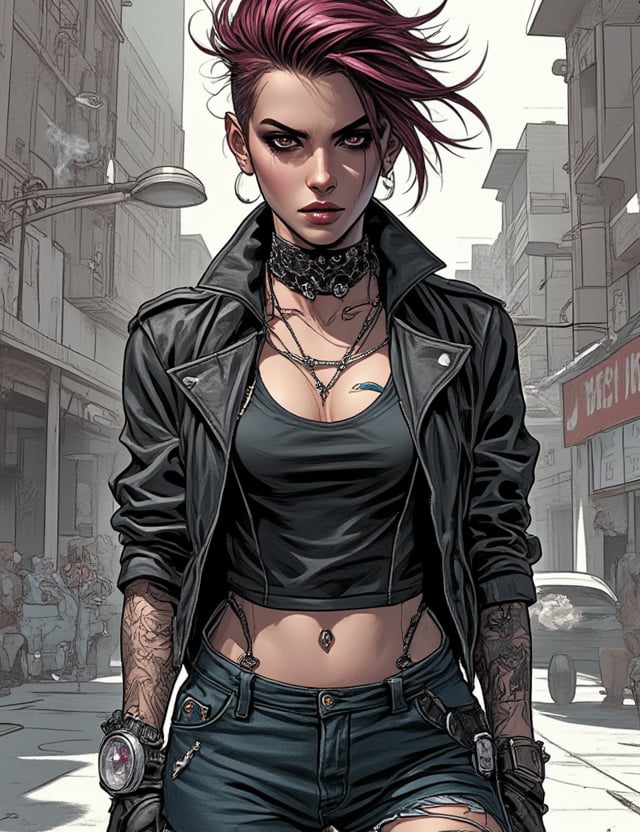 Masterpieces, score_9, score_8_up, score_7_up, 1_woman, Sexy, Modern, Bad_Girl, Rebellious, Piercings, Tattoos_On_Arms, Leather_Jacket, Ripped_Jeans, Messy_Hair, Fierce_Attitude, Smoking, Dark_Makeup, Street_Background, Confident_Pose, Punk_Style, Defiant_Look, Bold_Expression, PTAIWcomic