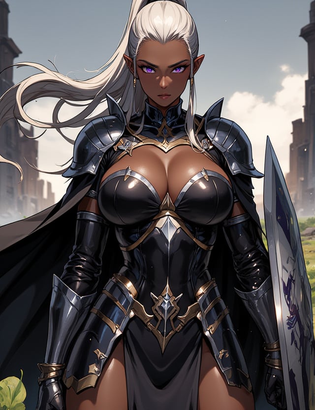 A beautiful yet powerful female character in a Japanese manga style, inspired by the dark elves from a fantasy game like Kuroinu. She has smooth, dark ebony skin that glistens under the light, and her long, silver hair is tied back in a sleek ponytail, flowing behind her as she moves with grace and authority. Her sharp violet eyes are filled with both determination and allure, giving her an air of deadly elegance. She is clad in a striking set of heavy black and silver armor, intricately designed with ornate engravings and sharp angles that emphasize both her beauty and strength.

Her armor hugs her body, highlighting her athletic frame while offering maximum protection. Over her chestplate, she wears a flowing cape attached by silver clasps, giving her a regal presence. In one hand, she holds a large, imposing shield engraved with the symbol of her dark elven heritage, and in the other, she wields a massive sword with a gleaming, razor-sharp blade. Her stance is strong and poised, with her legs slightly apart, ready for battle. Her expression is calm, confident, and slightly teasing, as if she knows she is unstoppable on the battlefield. The backdrop is a dark and ancient battlefield, with mist swirling around her armored form and the ruins of fallen enemies scattered in the distance.