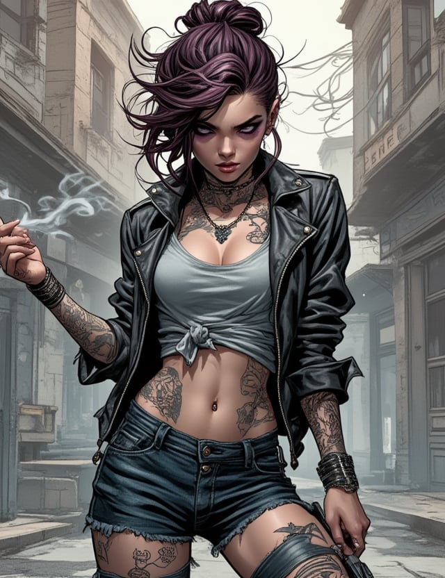 Masterpieces, score_9, score_8_up, score_7_up, 1_woman, Sexy, Modern, Bad_Girl, Rebellious, Piercings, Tattoos_On_Arms, Leather_Jacket, Ripped_Jeans, Messy_Hair, Fierce_Attitude, Smoking, Dark_Makeup, Street_Background, Confident_Pose, Punk_Style, Defiant_Look, Bold_Expression, PTAIWcomic