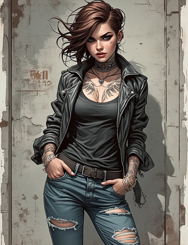 Masterpieces, score_9, score_8_up, score_7_up, 1_woman, Sexy, Modern, Rebel, Short_Brown_Hair, Leather_Jacket, Ripped_Jeans, Casual_Outfit, Strong_Attitude, Tattoos, Piercings, Fierce_Look, Urban_Background, Confident_Pose, Tough_Girl_Vibe, Defiant_Expression, Bold_Style, PTAIWcomic