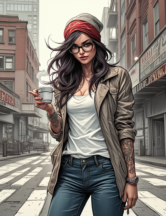 Masterpieces, score_9, score_8_up, score_7_up, 1_woman, Sexy, Modern, Hipster, Trendsetter, Vintage_Clothing, Thick_Glasses, Beanie_Hat, Tattoos, Alternative_Fashion, Slim_Jeans, Quirky_Style, Coffee_Cup, Urban_Backdrop, Indie_Look, Confident_Pose, Nonconformist_Attitude, Street_Style, Individualistic, PTAIWcomic