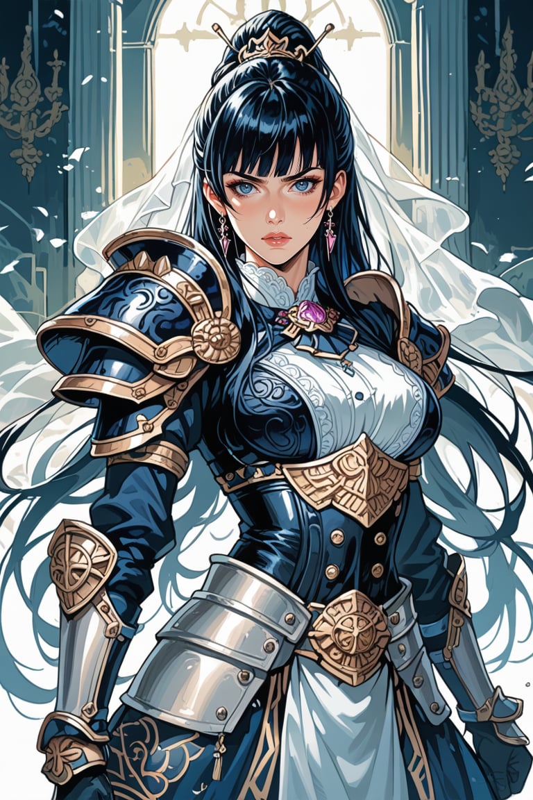 score_9, score_8_up, score_7_up, 1girl, pale-skinned female with long, straight black hair in a sleek hime cut, exuding a delicate blend of beauty and strength. She is a young paladin, dressed in shining silver armor that has a revealing design, accentuating her graceful figure while maintaining an aura of battle-readiness. Her porcelain skin contrasts with the armor, giving her an ethereal appearance. She stands confidently, gazing directly at the camera with a determined yet alluring expression. The background is a vast, sunlit battlefield with a distant castle, the light reflecting off her armor, creating a majestic and powerful atmosphere. The artwork is drawn in a detailed Japanese manga style, emphasizing her soft features and heroic pose, with a natural and captivating elegance.

Sexy, Mature, sensual