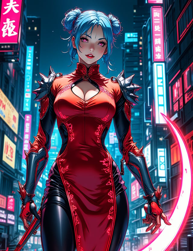 A beautiful and fierce female character in a Japanese manga style, inspired by Cyberpunk 2077. She wears a tight-fitting, bright red cheongsam that hugs her curves, but with a futuristic twist—the fabric has glowing neon circuits and metallic accents running along the edges, giving her a sleek, high-tech appearance. Her arms and legs are cybernetic, intricately designed with chrome plating and glowing components, showcasing her power and agility. She wields a long, futuristic version of a Chinese crescent blade (Qinglong Dao), with a glowing edge and tech enhancements, making it a deadly weapon in the cyberpunk world. Her hair is styled in traditional double buns, or "odango," dyed a vibrant blue, adding a playful yet sharp contrast to her intense presence. She stands in a battle-ready pose, one leg slightly forward and the blade held confidently at her side, her expression calm and focused with a hint of a smirk. The backdrop is a neon-lit cityscape, filled with towering skyscrapers and holographic signs, highlighting her as both a graceful and deadly mercenary in this cyberpunk universe.