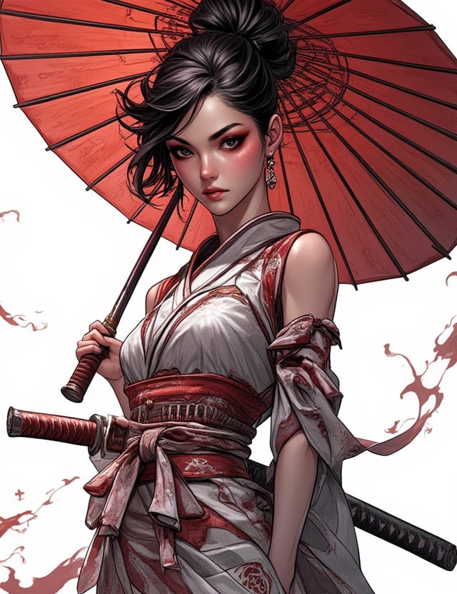 Masterpieces, score_9, score_8_up, score_7_up, 1_woman, Sexy, Voluptuous_Figure, Kimono, Japanese_Umbrella, Red_Smokey_Eye_Makeup, Katana_On_Hip, Traditional_Japanese_Outfit, Sensual_Pose, Elegant_Aura, Dark_Hair, Graceful_Stance, Fierce_Look, Intricate_Designs, Japanese_Cultural_Vibe, Mysterious_Expression, PTAIWcomic