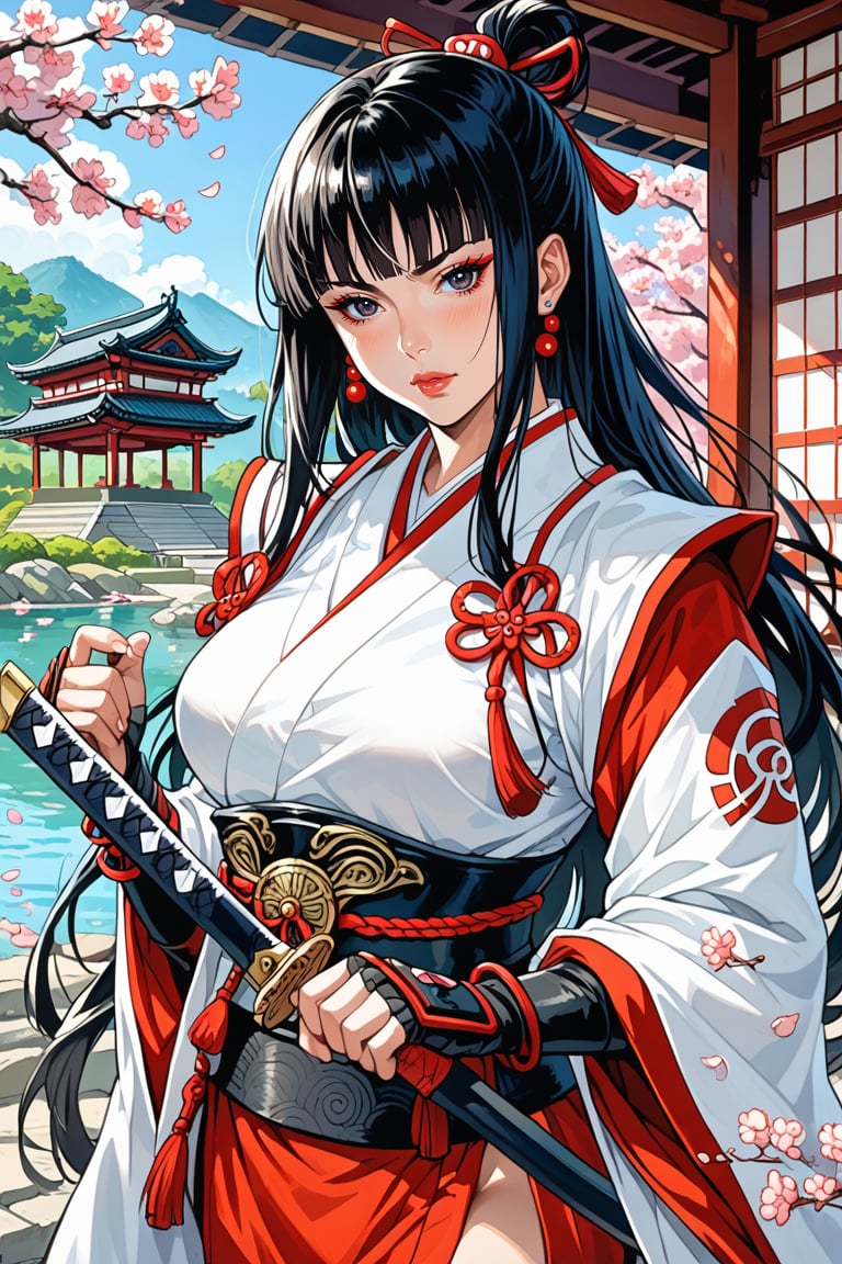 score_9, score_8_up, score_7_up, 1girl, pale-skinned female with long, straight black hair in a sharp hime cut, exuding both elegance and deadly precision. She is a beautiful young girl dressed in striking red samurai armor, intricately detailed with traditional Japanese designs. Her porcelain skin contrasts against the deep red of her armor, and she stands in a poised, ready stance, preparing to draw her katana in a precise iaijutsu strike. Her intense gaze focuses on the camera, radiating calm determination and strength. The background is a serene Japanese temple garden at dusk, with cherry blossoms gently falling, creating a peaceful yet tense atmosphere. The artwork is rendered in a refined Japanese manga style, highlighting the sharp details of her armor, her graceful posture, and the captivating intensity of her stance.

Sexy, Mature, sensual