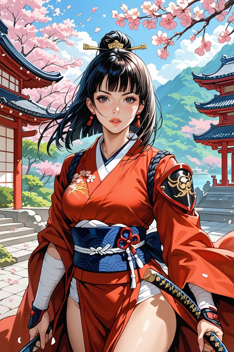 score_9, score_8_up, score_7_up, 1girl, pale-skinned female with long, straight black hair in a sharp hime cut, exuding both elegance and deadly precision. She is a beautiful young girl dressed in striking red samurai armor, intricately detailed with traditional Japanese designs. Her porcelain skin contrasts against the deep red of her armor, and she stands in a poised, ready stance, preparing to draw her katana in a precise iaijutsu strike. Her intense gaze focuses on the camera, radiating calm determination and strength. The background is a serene Japanese temple garden at dusk, with cherry blossoms gently falling, creating a peaceful yet tense atmosphere. The artwork is rendered in a refined Japanese manga style, highlighting the sharp details of her armor, her graceful posture, and the captivating intensity of her stance.

Sexy, Mature, sensual